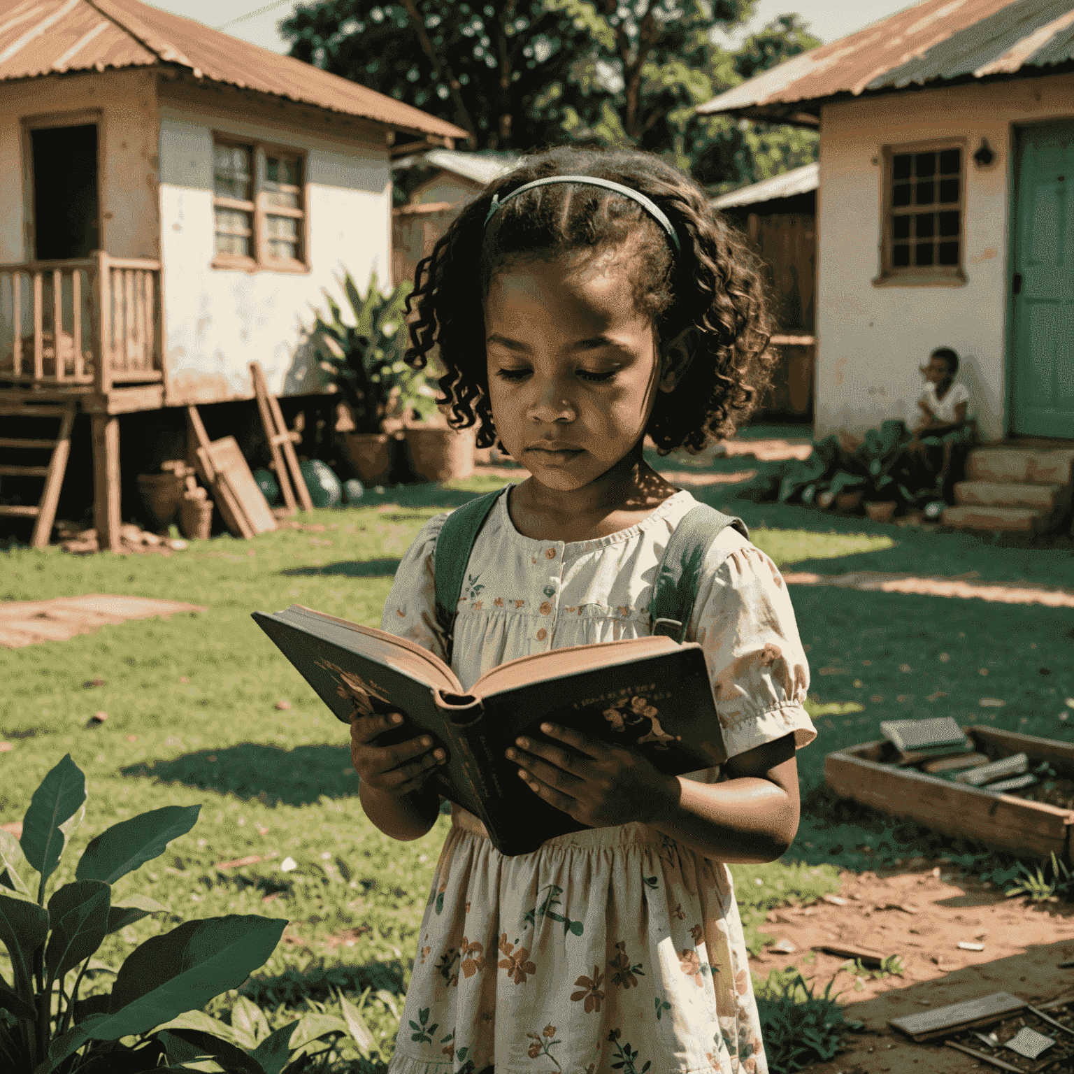 Imagem de Simone Tebet quando criança em Campo Grande, MS, brincando no quintal de sua casa com um livro nas mãos