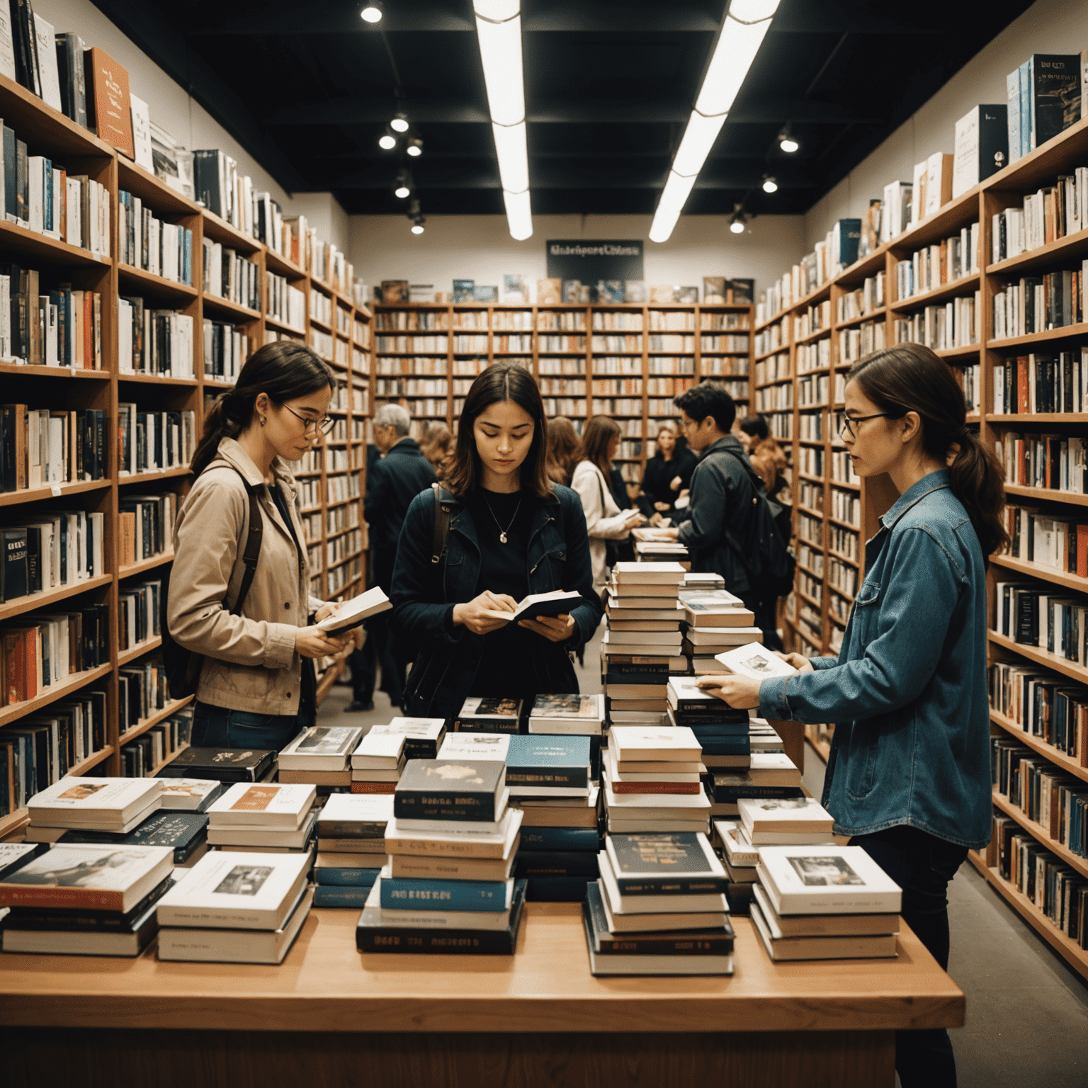 Uma pilha de livros de Simone Tebet em uma livraria, com pessoas folheando e discutindo animadamente sobre o conteúdo